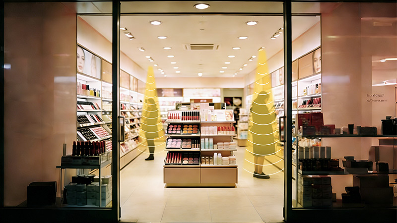 美妝店安裝定向揚(yáng)聲器，定向發(fā)聲示意圖