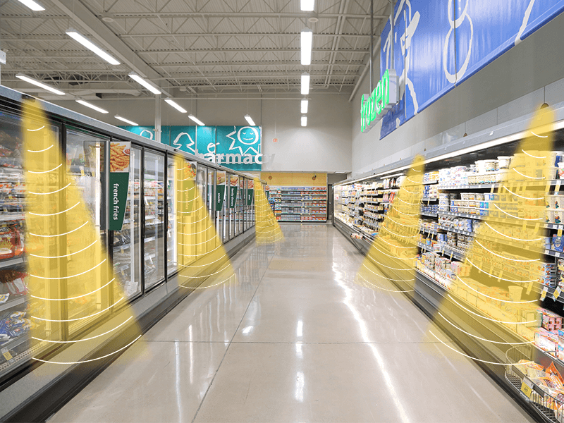 零售店安裝定向揚(yáng)聲器，聲音分區(qū)，互不干擾示意圖